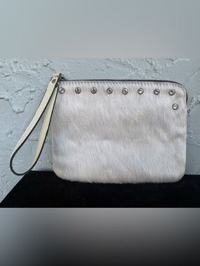 Patricia Nash Faux Fur Studded Wristlet Clutch Ivory Rhinestone Detail